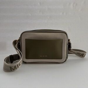 Michael Kors Olive Front-Pocket Crossbody with Beige Canvas and Logo Strap